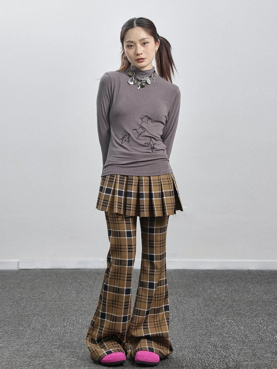 Yellow Checkered Flare Pants 2025 Summer Autumn Casual Wide Leg Trousers