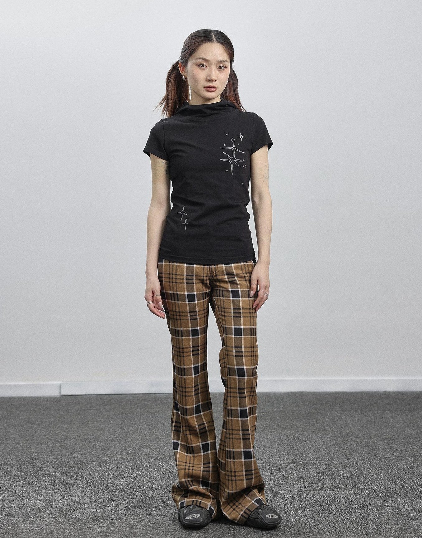 Achihara Yellow Checkered Flare Pants 2025 Summer Autumn Casual Wide Leg Trousers