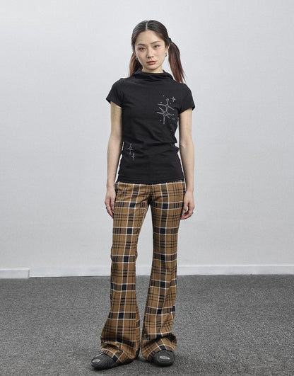 Achihara Yellow Checkered Flare Pants 2025 Summer Autumn Casual Wide Leg Trousers