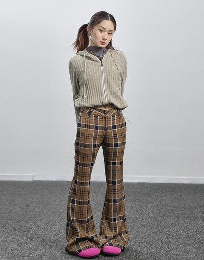 Achihara Yellow Checkered Flare Pants 2025 Summer Autumn Casual Wide Leg Trousers