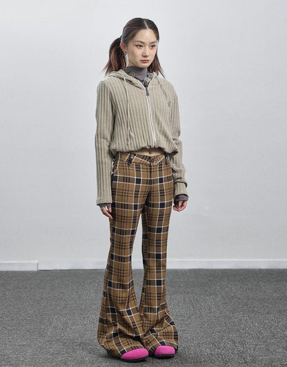 Achihara Yellow Checkered Flare Pants 2025 Summer Autumn Casual Wide Leg Trousers