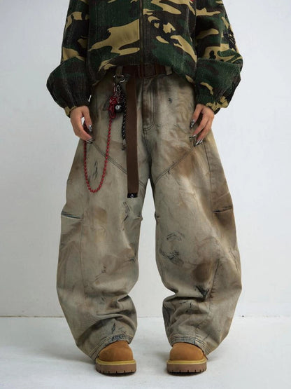 Yellow Clay Dyed Baggy Arc Jeans With 4D Pleats Custom Hardware