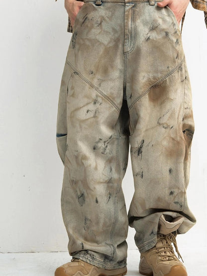 Yellow Clay Dyed Baggy Arc Jeans With 4D Pleats Custom Hardware