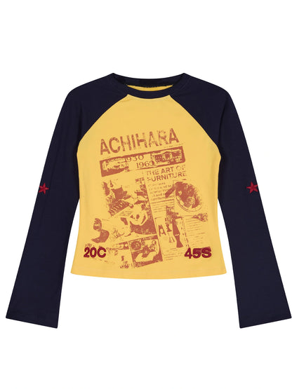 Retro Contrast Knit Tee V-Neck T-Shirt Long-Sleeve