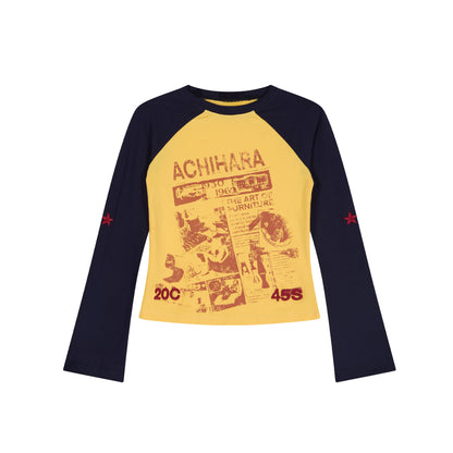 Achihara Retro Contrast Knit Tee V-Neck T-Shirt Long-Sleeve