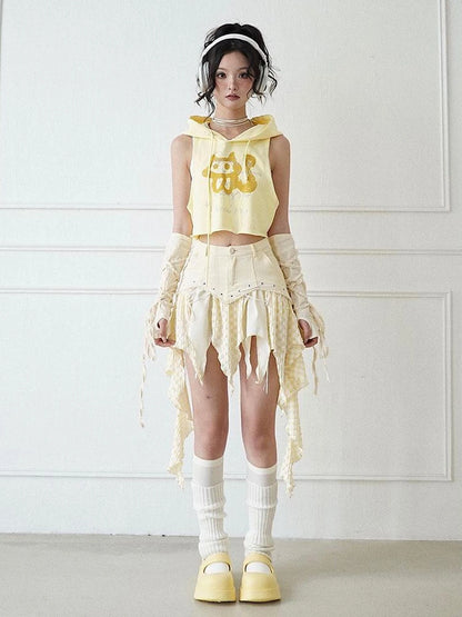 Yellow Hooded Sweatshirt Vest With Rhinestone Print Two Piece Set