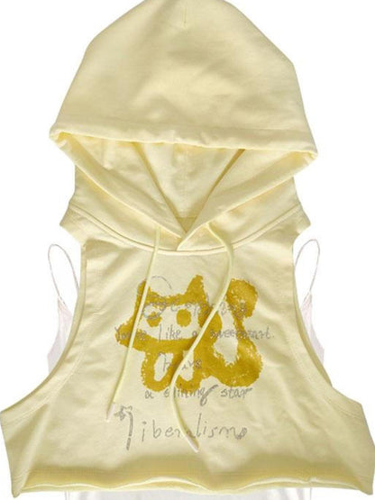 WSW WUSHENWU Yellow Hooded Sweatshirt Vest With Rhinestone Print Two Piece Set