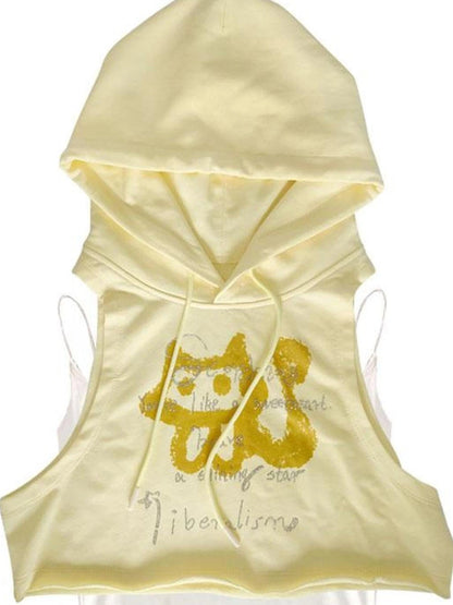 Yellow Hooded Sweatshirt Vest With Rhinestone Print Two Piece Set