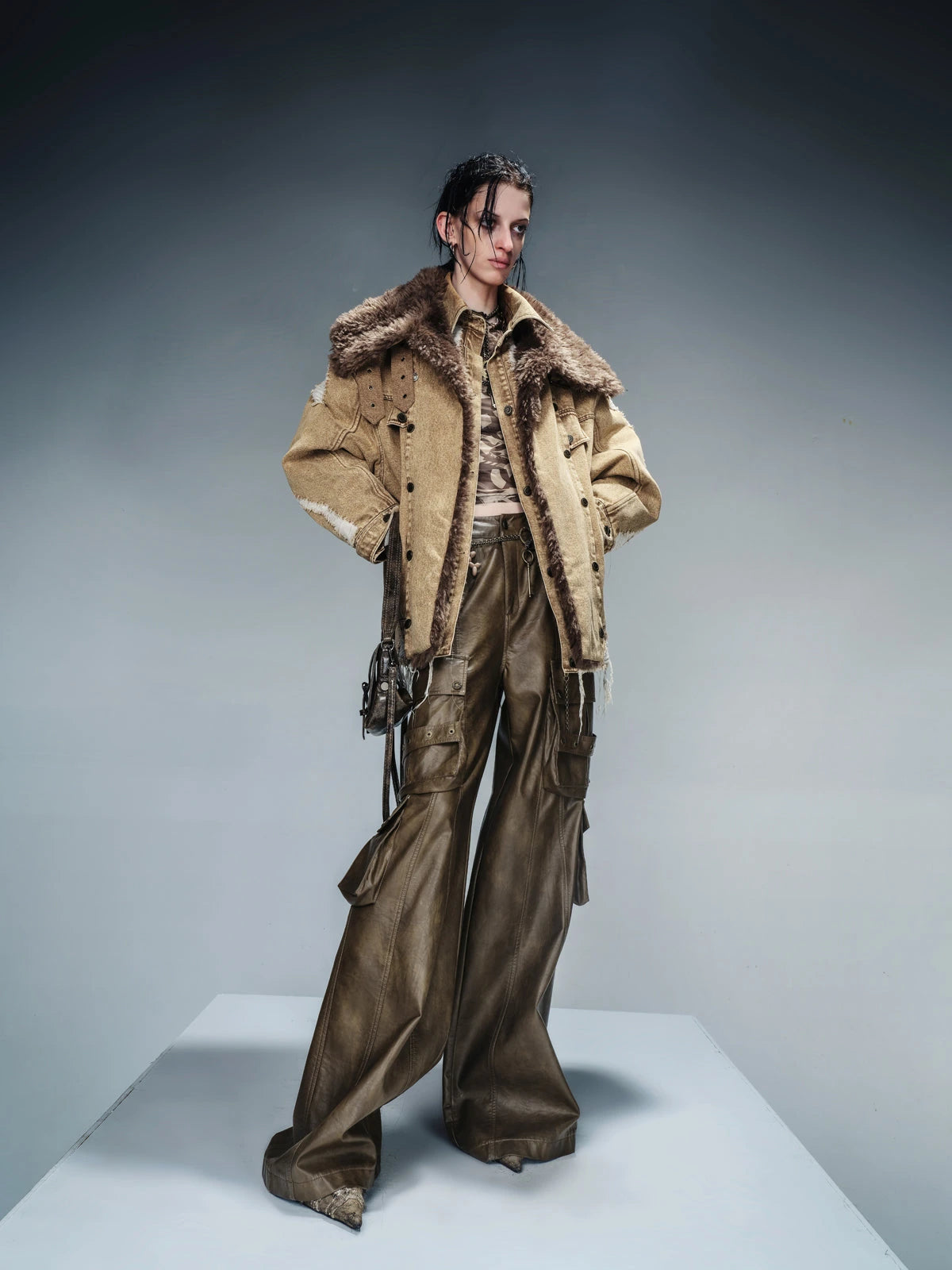 Distressed Denim Shearling Parka With Detachable Collar