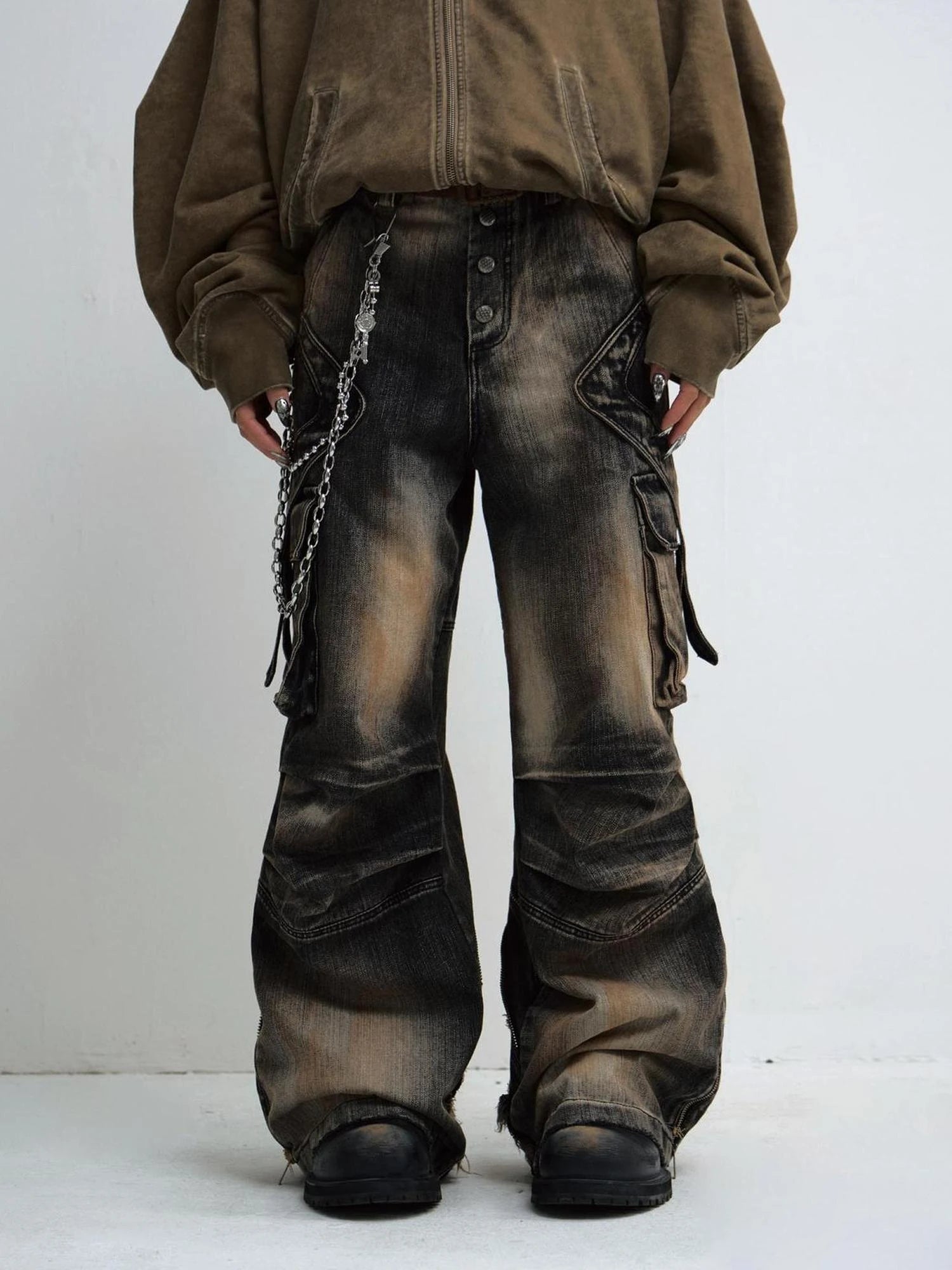 Yellow Mud Dyed Pleated Wide Leg Jeans With Black Vintage Wash