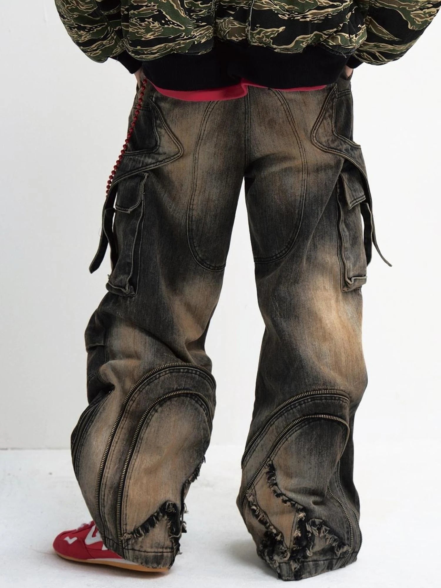 Yellow Mud Dyed Pleated Wide Leg Jeans With Black Vintage Wash