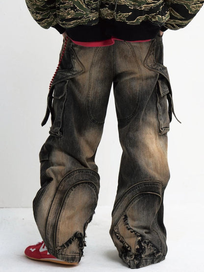 Yellow Mud Dyed Pleated Wide Leg Jeans With Black Vintage Wash