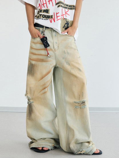 Peoplesense Yellow Mud Dyed Vintage Ripped Loose Straight Jeans