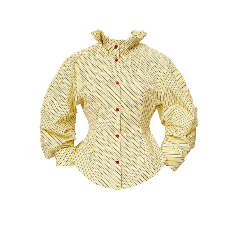YOSHUYUKI Yellow Stripe Vintage Luff Puff Short Sleeve Shirt