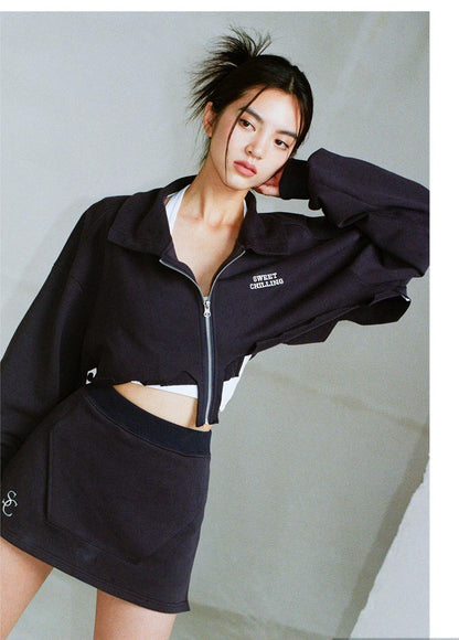 Zip-Up Cropped Hoodie &amp; Stretch Waist Skirt Set