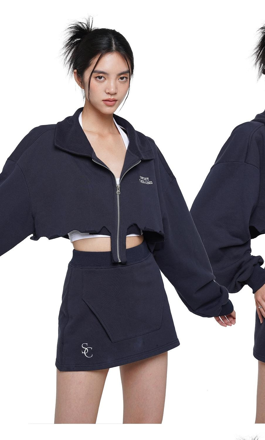 Zip-Up Cropped Hoodie &amp; Stretch Waist Skirt Set