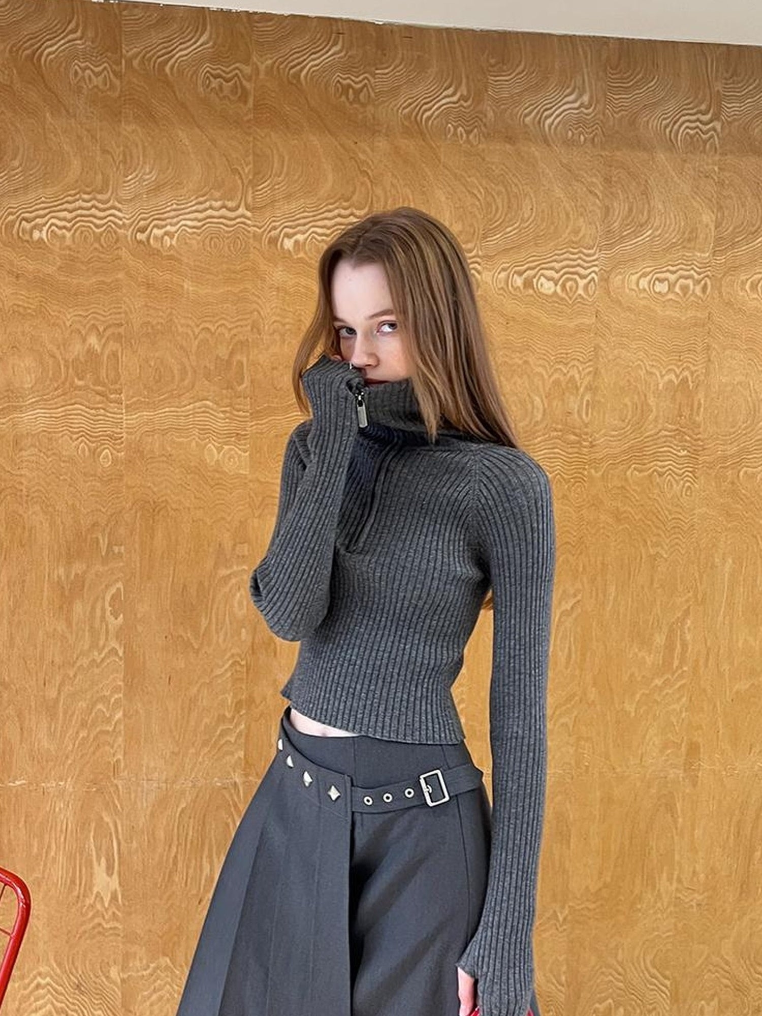 DIDDI MODA Zippered Turtleneck Knit Sweater Slim Fit High Collar Winter Layering Essential
