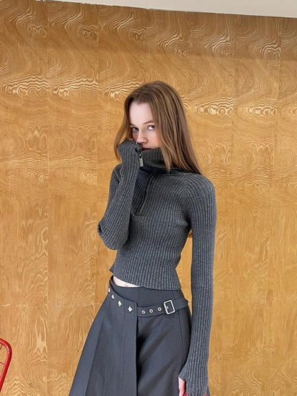 DIDDI MODA Zippered Turtleneck Knit Sweater Slim Fit High Collar Winter Layering Essential