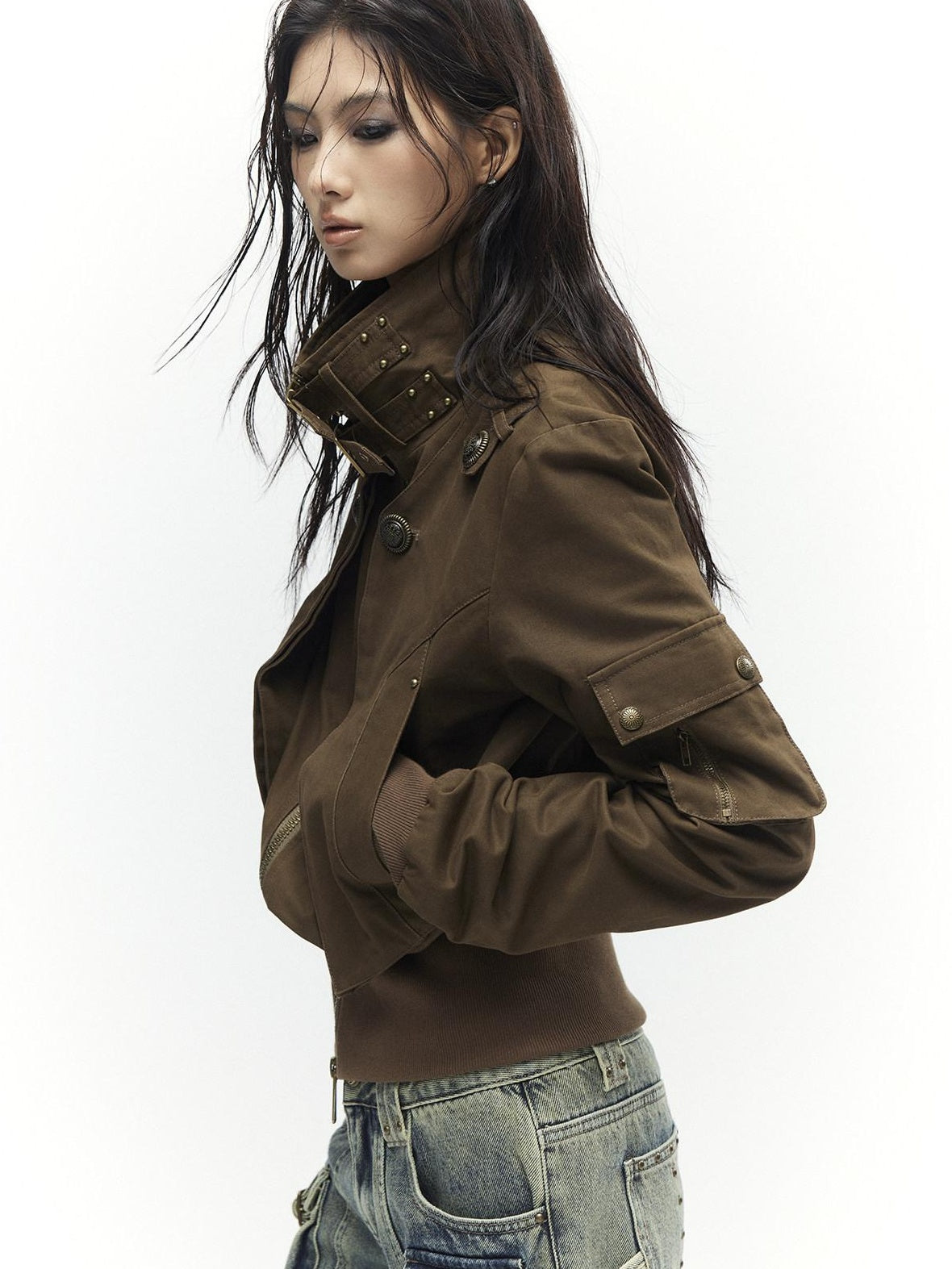 Low pixel Slim Waist Dark Gothic Cotton Zip Stand Collar Long Sleeve Women Cropped Jackets