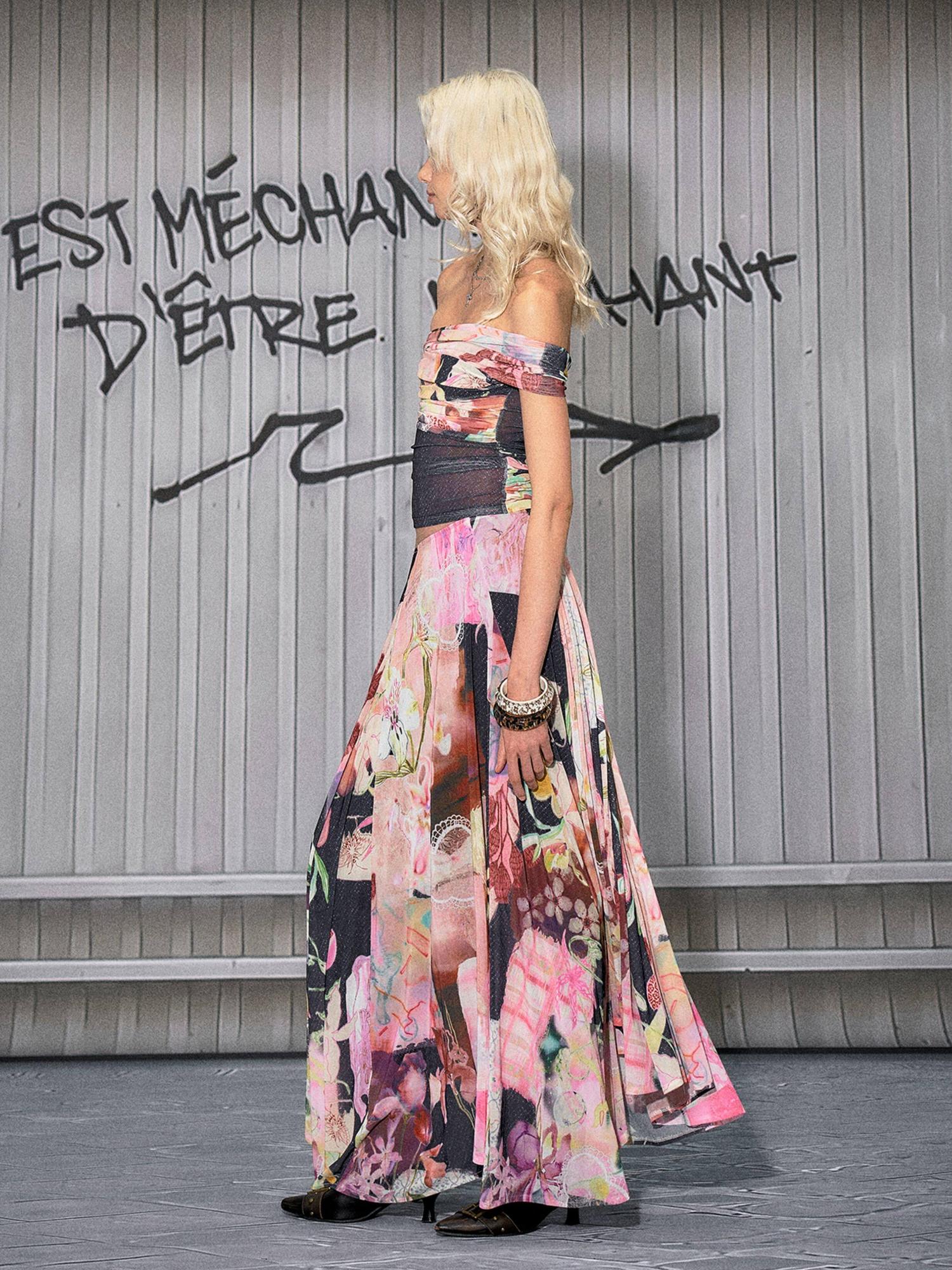 The NeverMore Light Stretch Printed Pink Side Zipper A Line Loose Fit Mid Waist Maxi Skirts