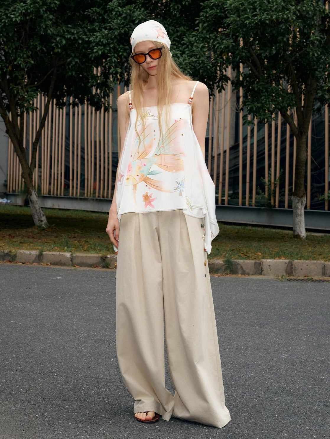 OuttheBlue Cotton Lyocell Minimal Natural Waist Zipper Light Grey Khaki Wide Leg Pants