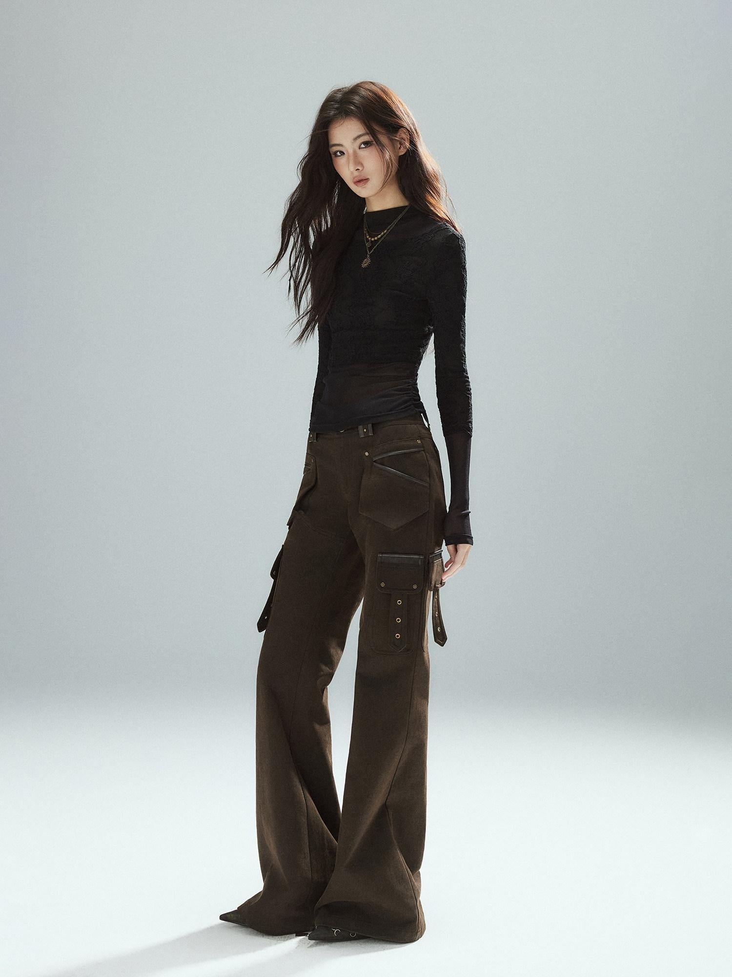 Low pixel Slim Low Rise Cotton Flare Street Style Zipper Brown Women Cargo Pants