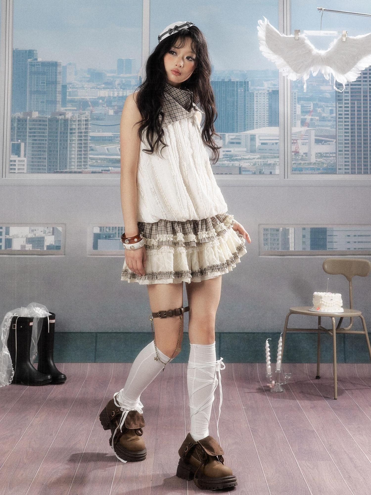 ALL iN plan Ruffle Cake Style Flared Mid Waist Women Cotton Blend Cream Tiered Skirts