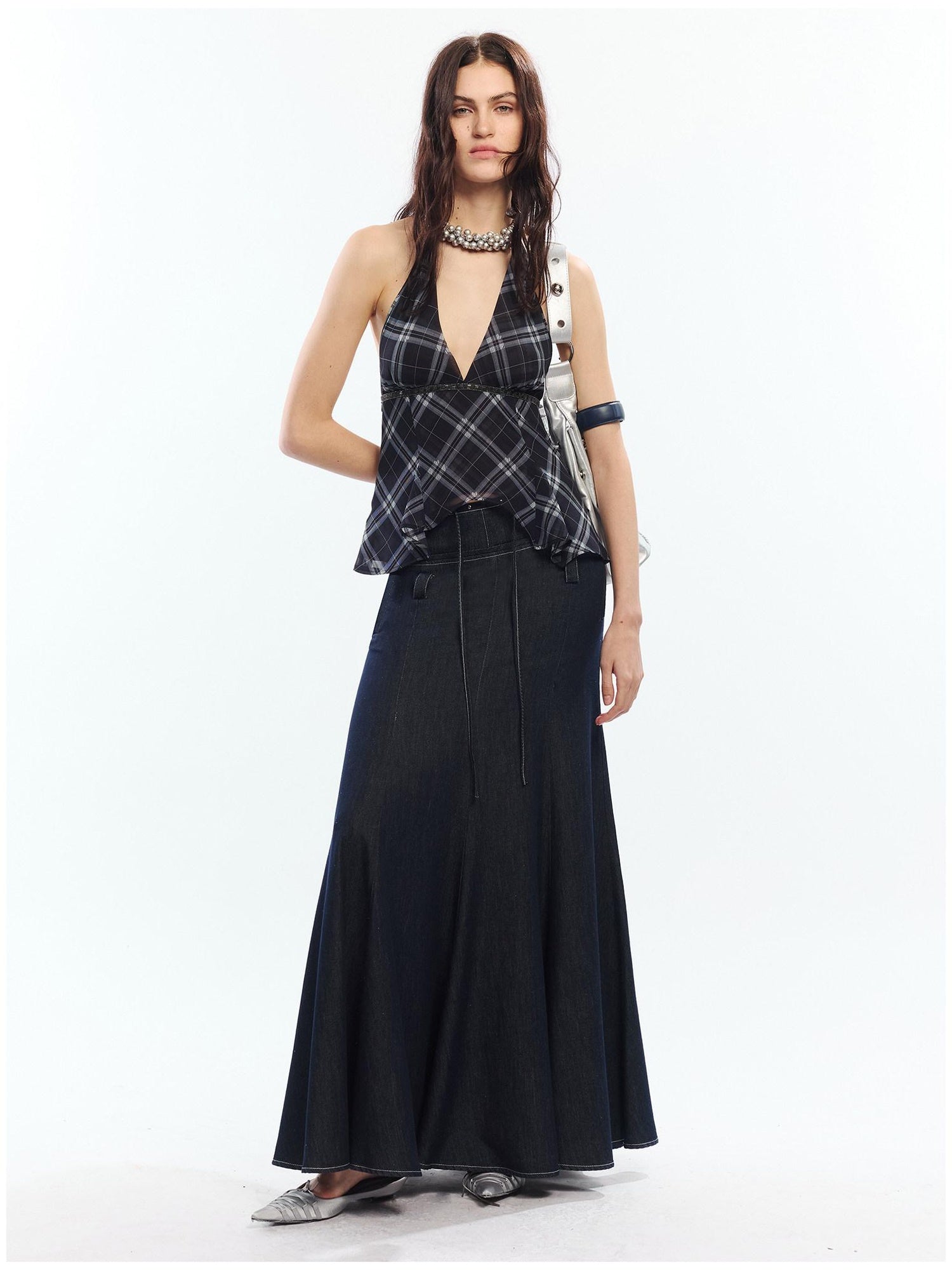 2th Desire High Waist Lyocell Cotton Patchwork Fishtail Tie Waist Women Maxi Skirts