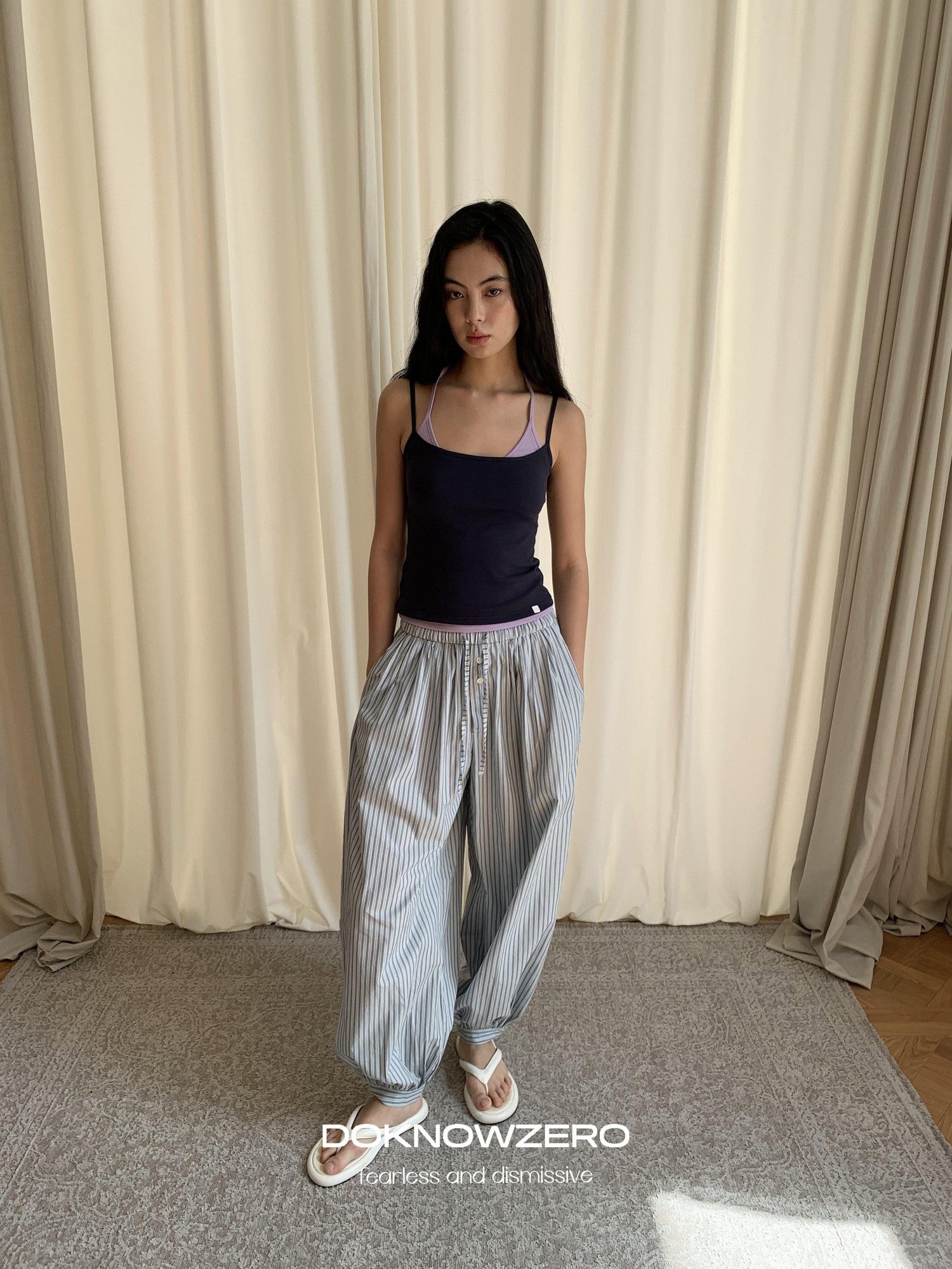 DKZ OFFICIAL Blue White Striped Relaxed Tapered Women&
