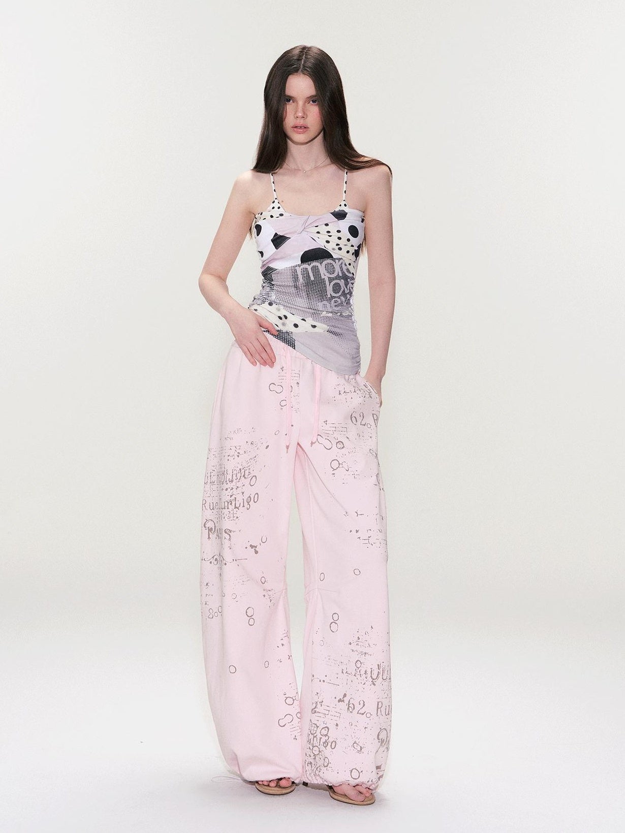 The NeverMore Soft Cotton Letter Print Natural Waist American Style Women Wide Leg Pants