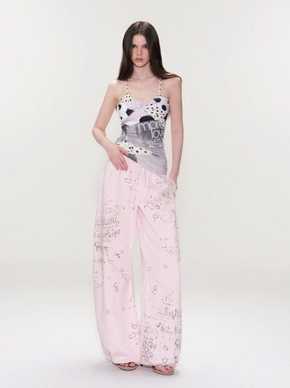 The NeverMore Soft Cotton Letter Print Natural Waist American Style Women Wide Leg Pants