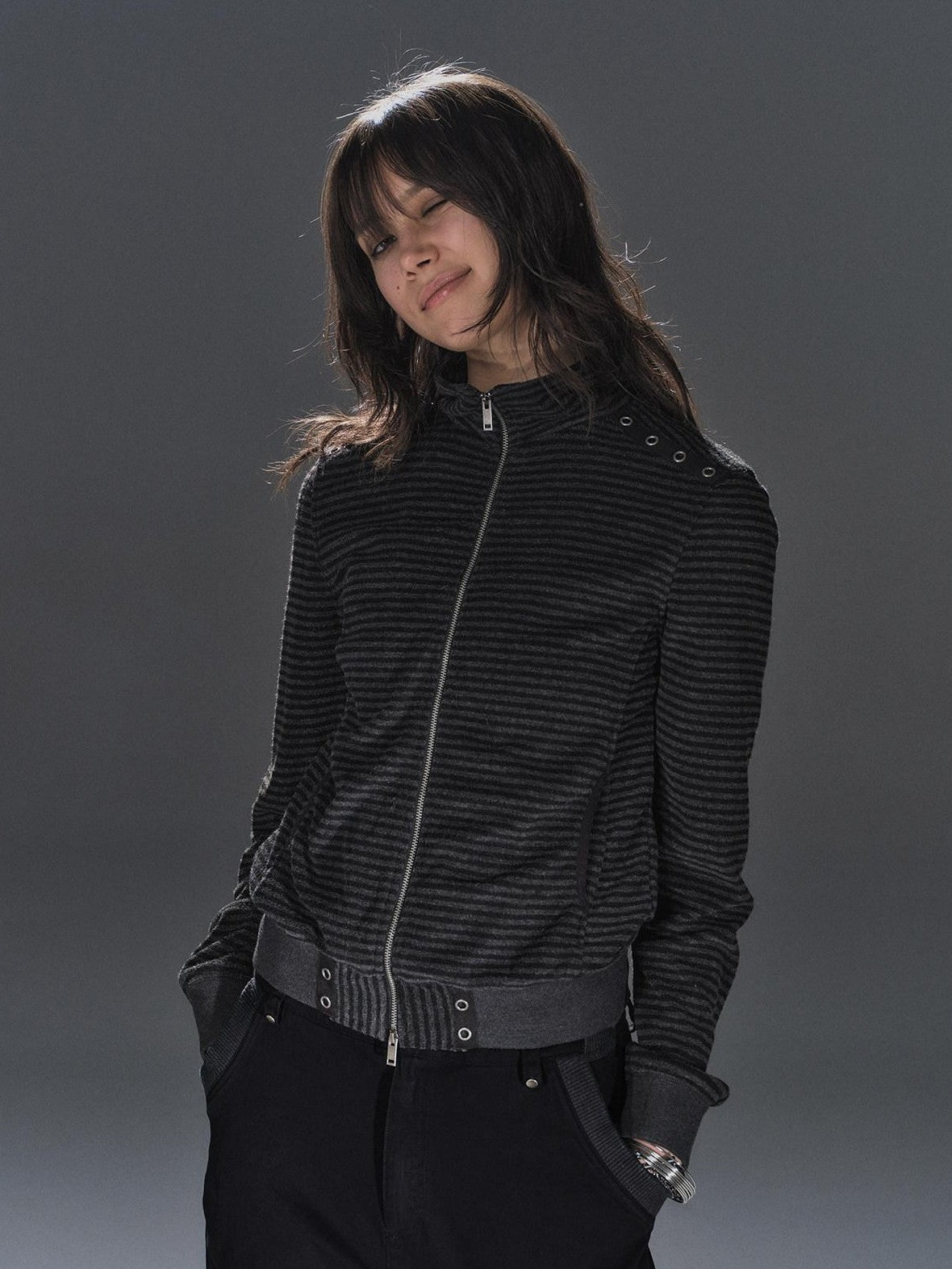 wear And tear Black Gray Striped Eyelet Tape Splice Punk Women&