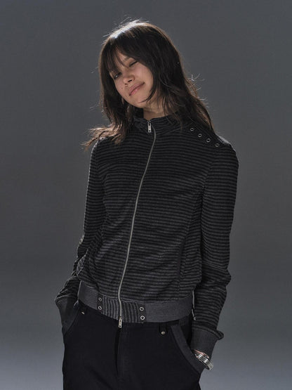 wear And tear Black Gray Striped Eyelet Tape Splice Punk Women&