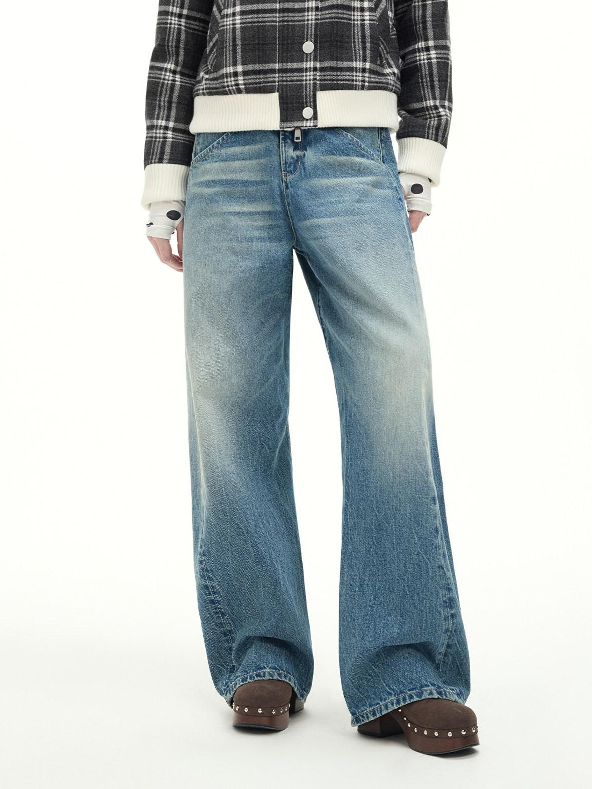 RUN TO THE FUTURE Washed Cotton Casual Natural Waist Topstitch Women Denim Blue Wide-Leg Jeans