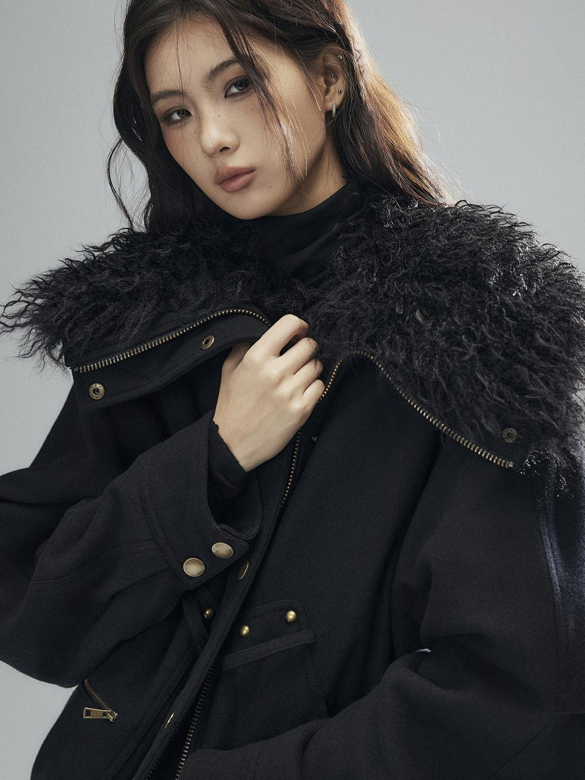 Low pixel Thick Wool Blend Multi Pocket Loose Fit Sexy Girl Black Zipper Cropped Jackets