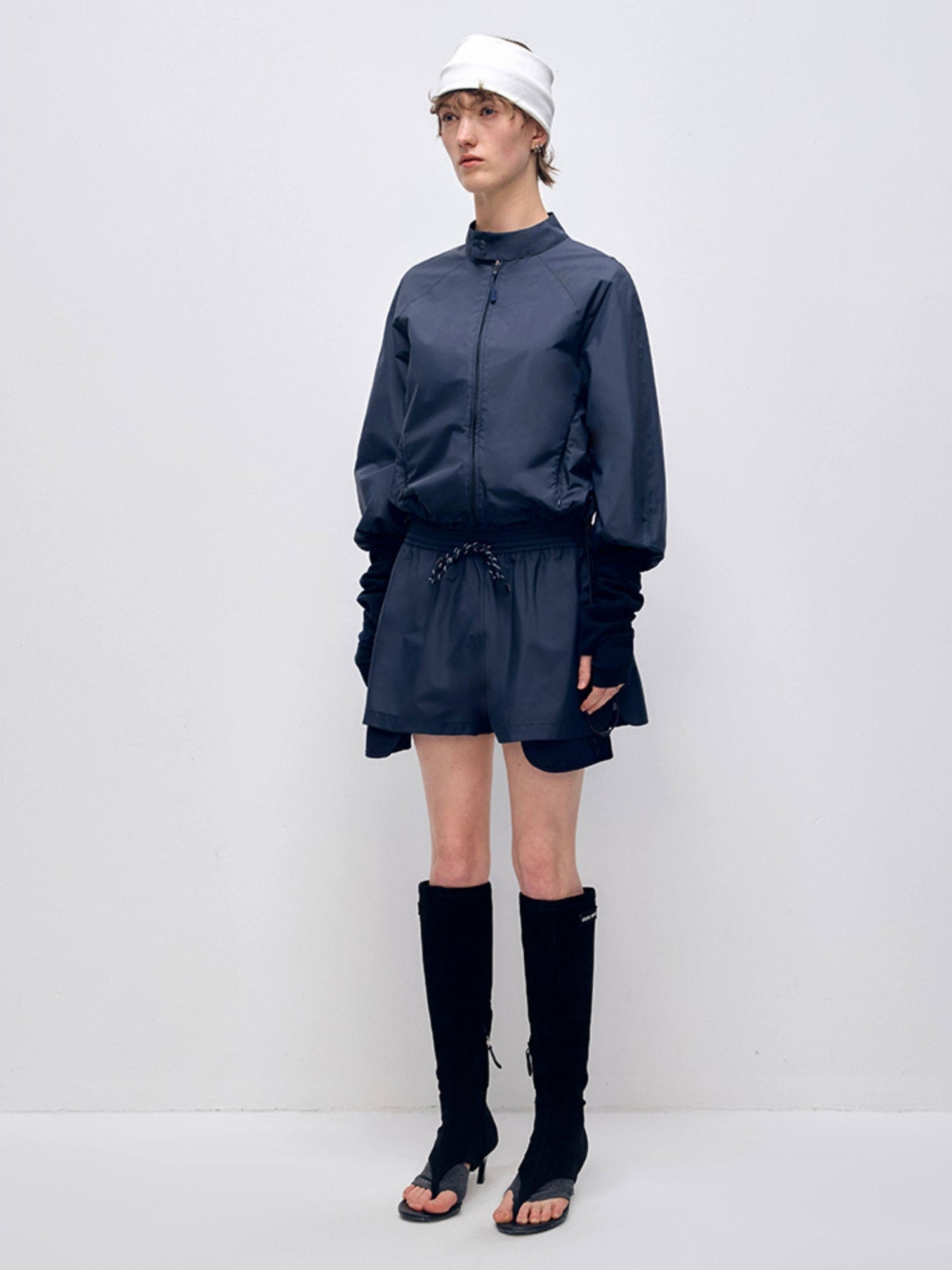 RUN TO THE FUTURE Polyester Two Piece Zip Stand Collar Casual Women Navy Green Short Trousers
