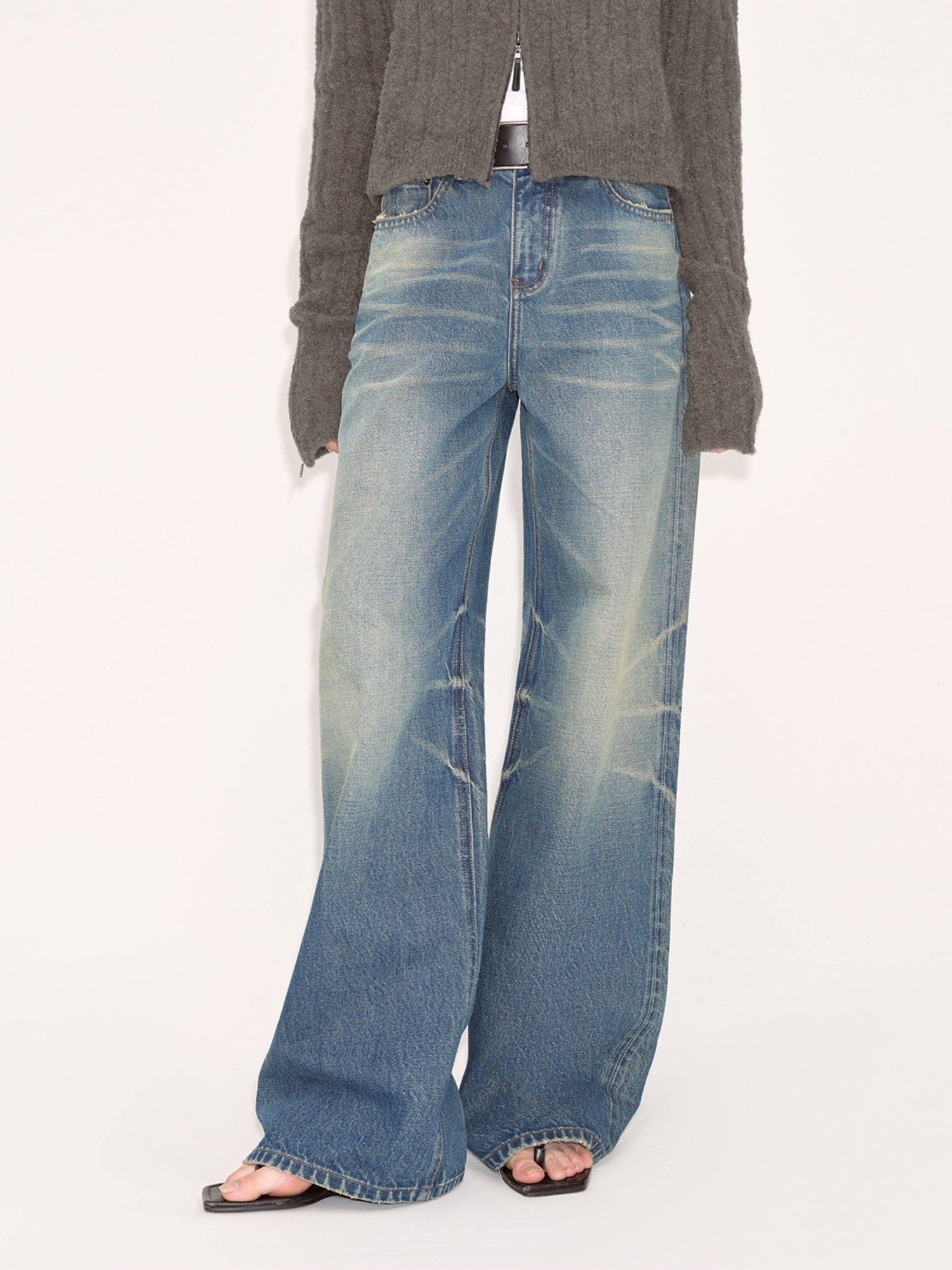 RUN TO THE FUTURE Washed Vintage Blue Low Rise Loose Fit Unisex High Cotton Denim Straight Jeans