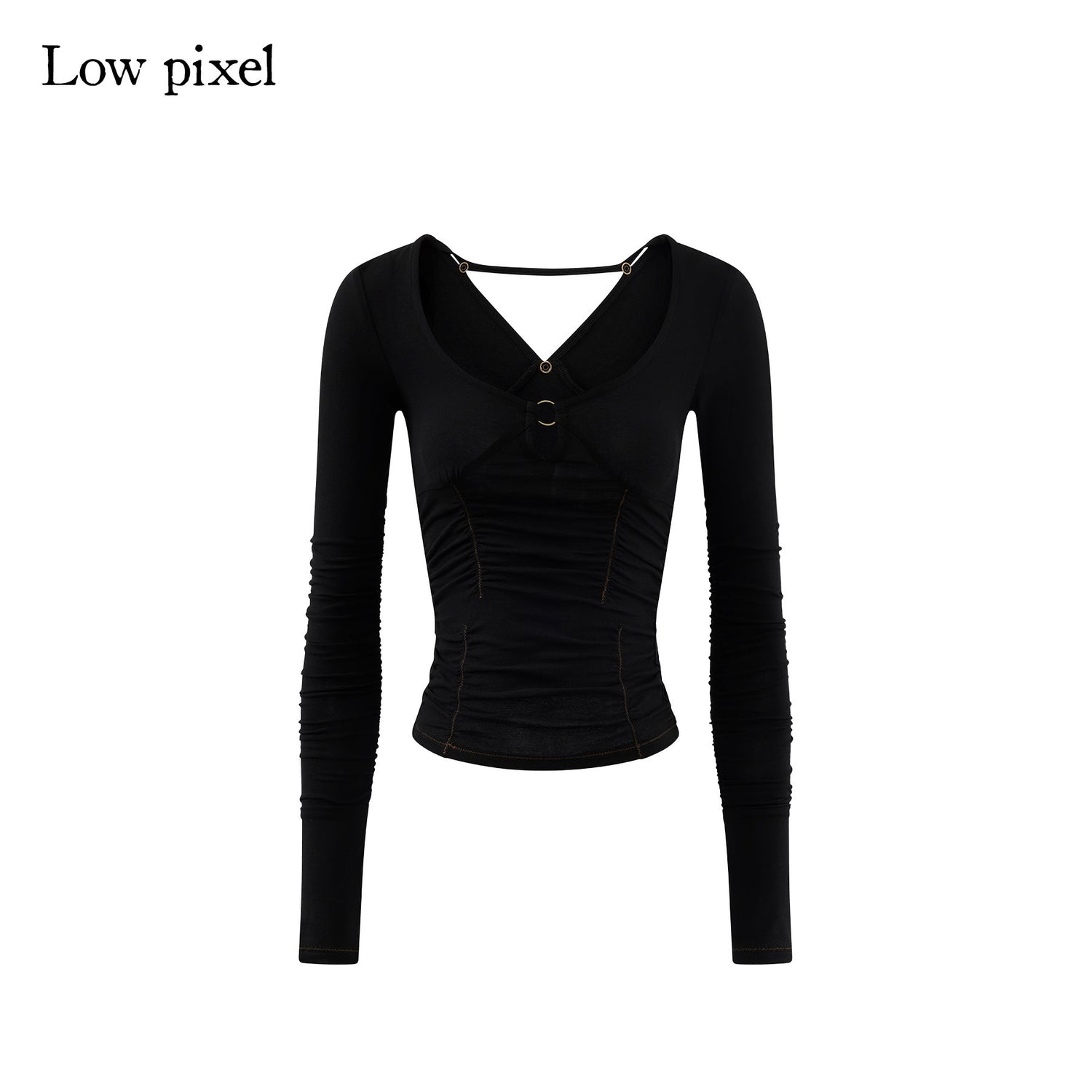 Low pixel Slim Fit Ruched Stretch Cotton Gothic Black Women U Neck Long Sleeve Crop Tops