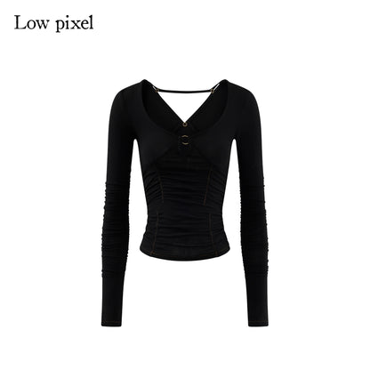 Low pixel Slim Fit Ruched Stretch Cotton Gothic Black Women U Neck Long Sleeve Crop Tops
