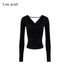 Low pixel Slim Fit Ruched Stretch Cotton Gothic Black Women U Neck Long Sleeve Crop Tops