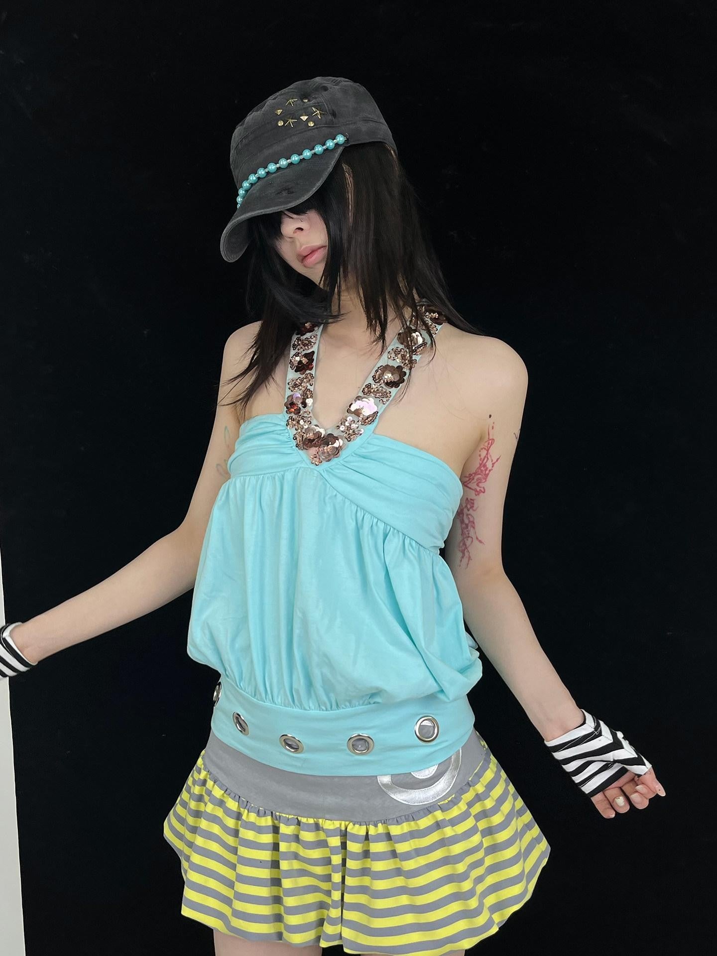 Ttsunami Beaded Sequined Ruched V-neck Halter Open Back Mint Green Women&