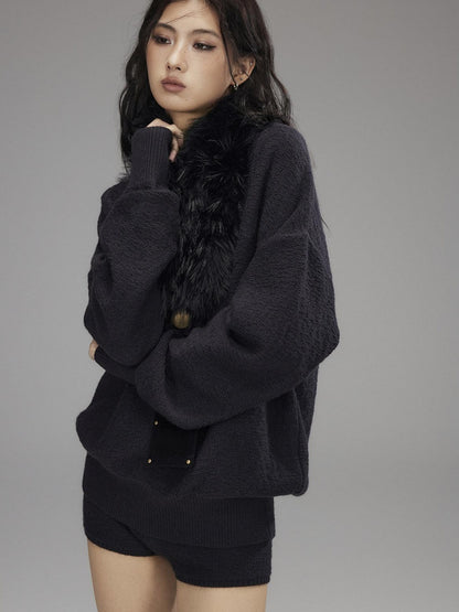 Low pixel Knitted Wool Blend Loose Street Style Women Two Piece Set Navy Mini Shorts