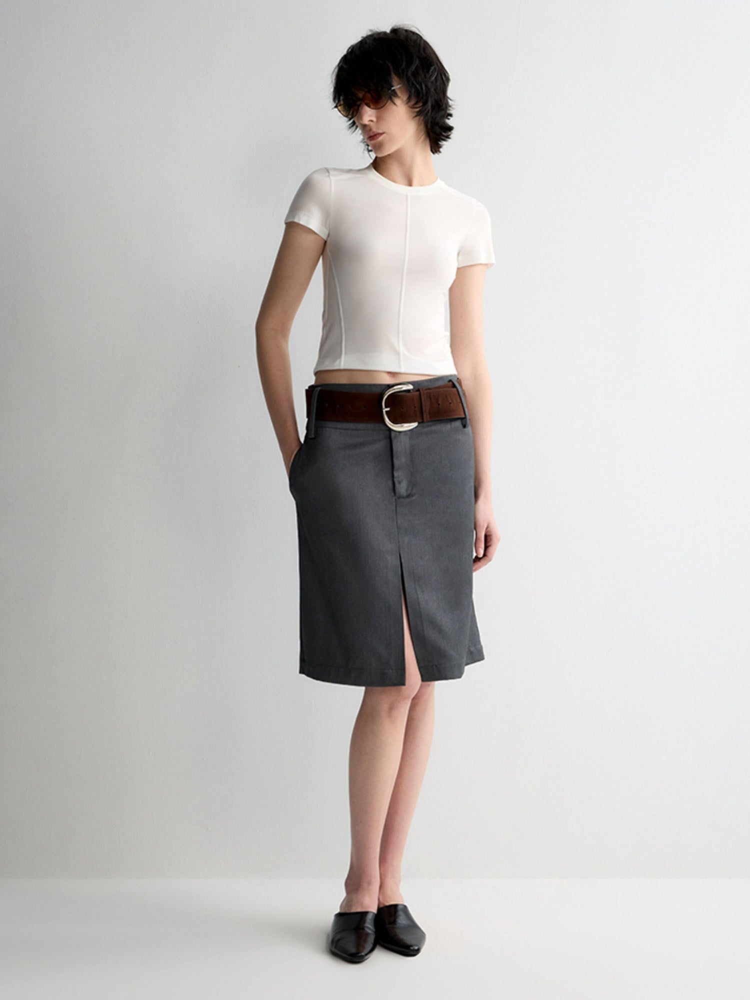 RUN TO THE FUTURE Lined Wool Blend Low Waist Pockets Vintage Office H Silhouette Midi Skirts