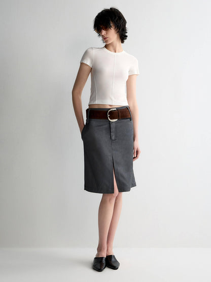 RUN TO THE FUTURE Lined Wool Blend Low Waist Pockets Vintage Office H Silhouette Midi Skirts