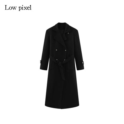 Low pixel Warm Wool Blend Street Oversized Double Breasted Notch Collar Black Wool Coats