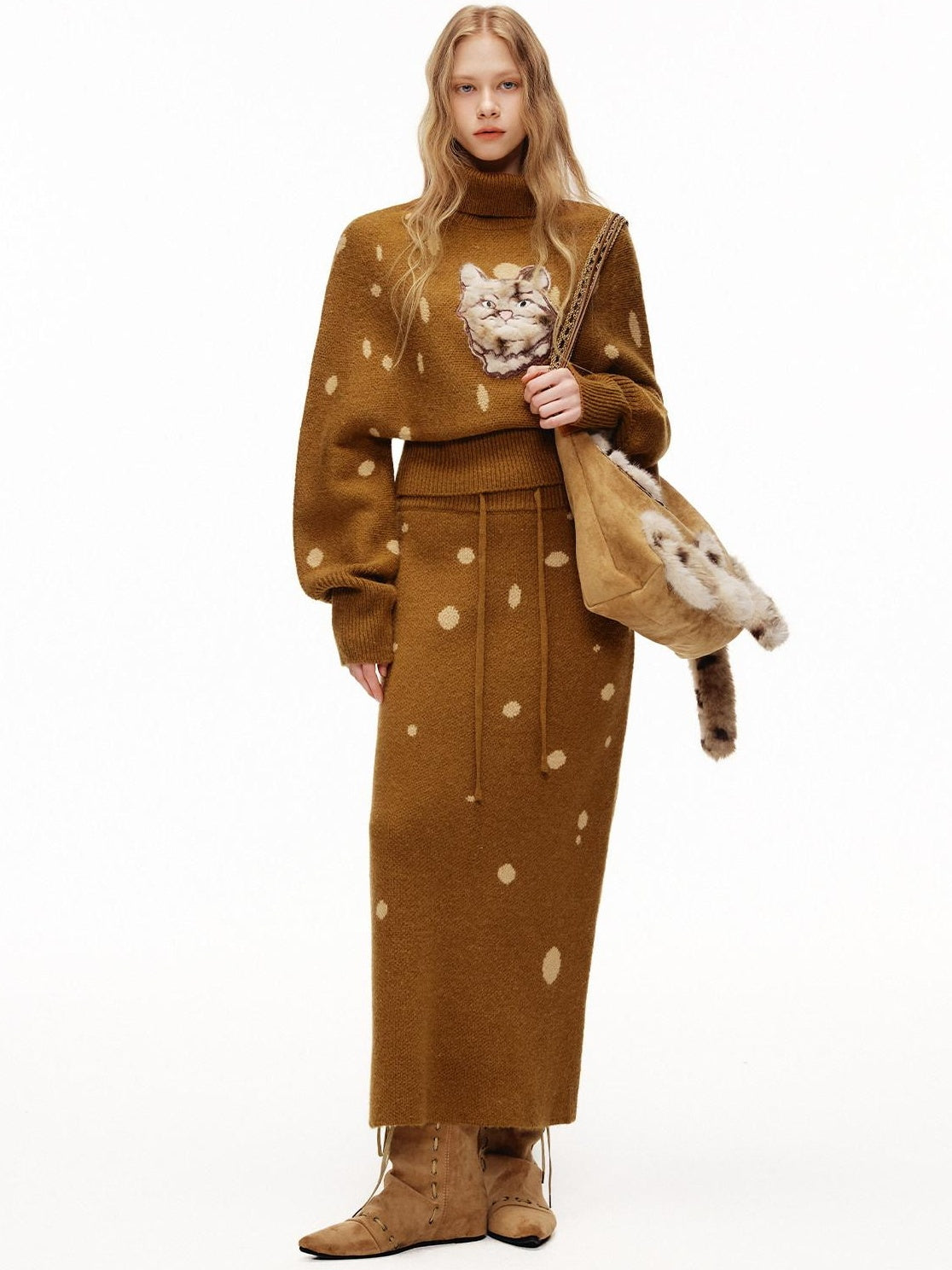 OuttheBlue Cozy Turtleneck Pullover Waist Cinched Casual Animal Print Knit Top &amp; Skirt Sets