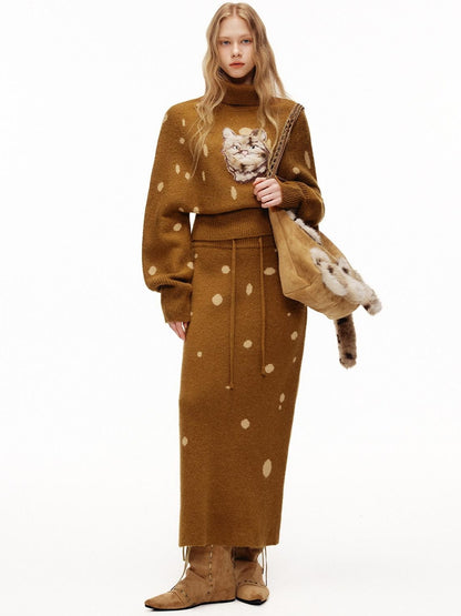 OuttheBlue Cozy Turtleneck Pullover Waist Cinched Casual Animal Print Knit Top &amp; Skirt Sets