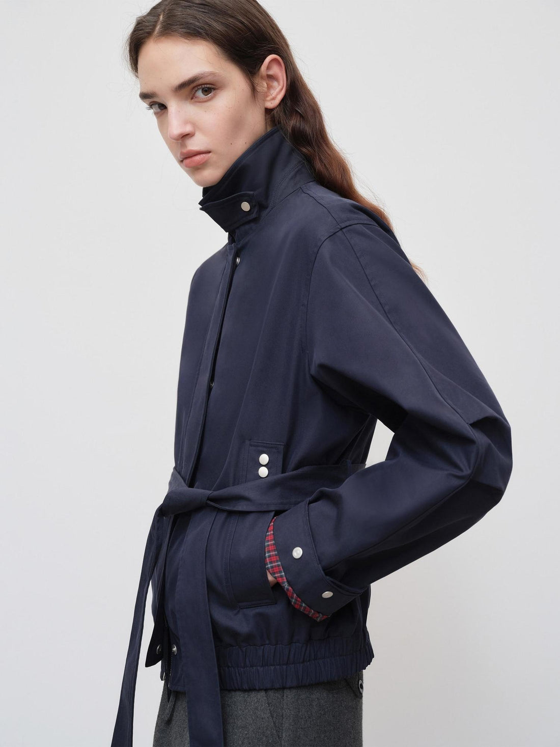RUN TO THE FUTURE Windproof Lightweight American Loose Fit Plaid Zip Navy Women Windbreakers