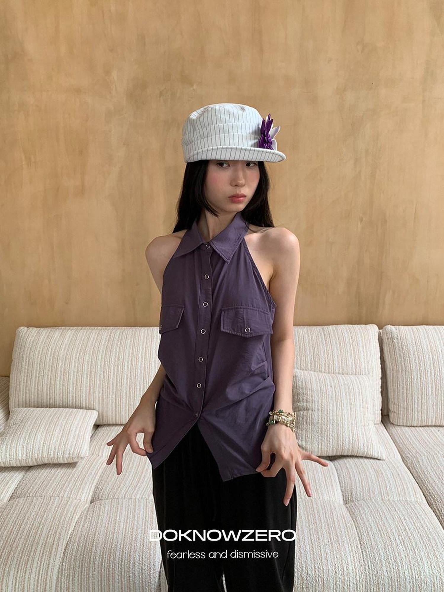 DKZ OFFICIAL Purple Halter Neck Shirt Style Lapel Collar Tie Waist Women&