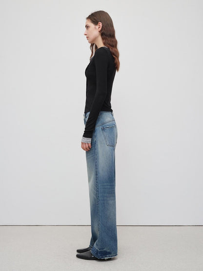 RUN TO THE FUTURE Vintage Washed Cotton Natural Waist No Stretch Ladies Blue Straight Jeans